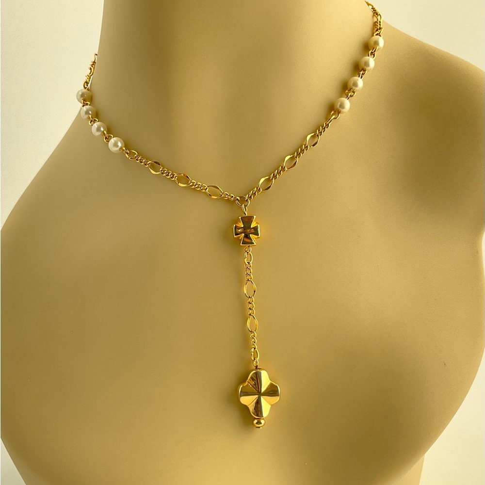 Y2K Elegant Gold Plate & Faux Pearl Lariat Necklace with Stylized Crosses